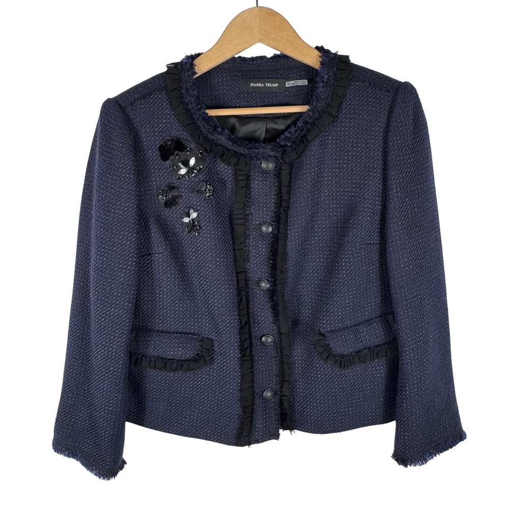 Ivanka Trump Tweed Embellished Ruffle Trim Blazer Womens 12 Navy Blue Jacket